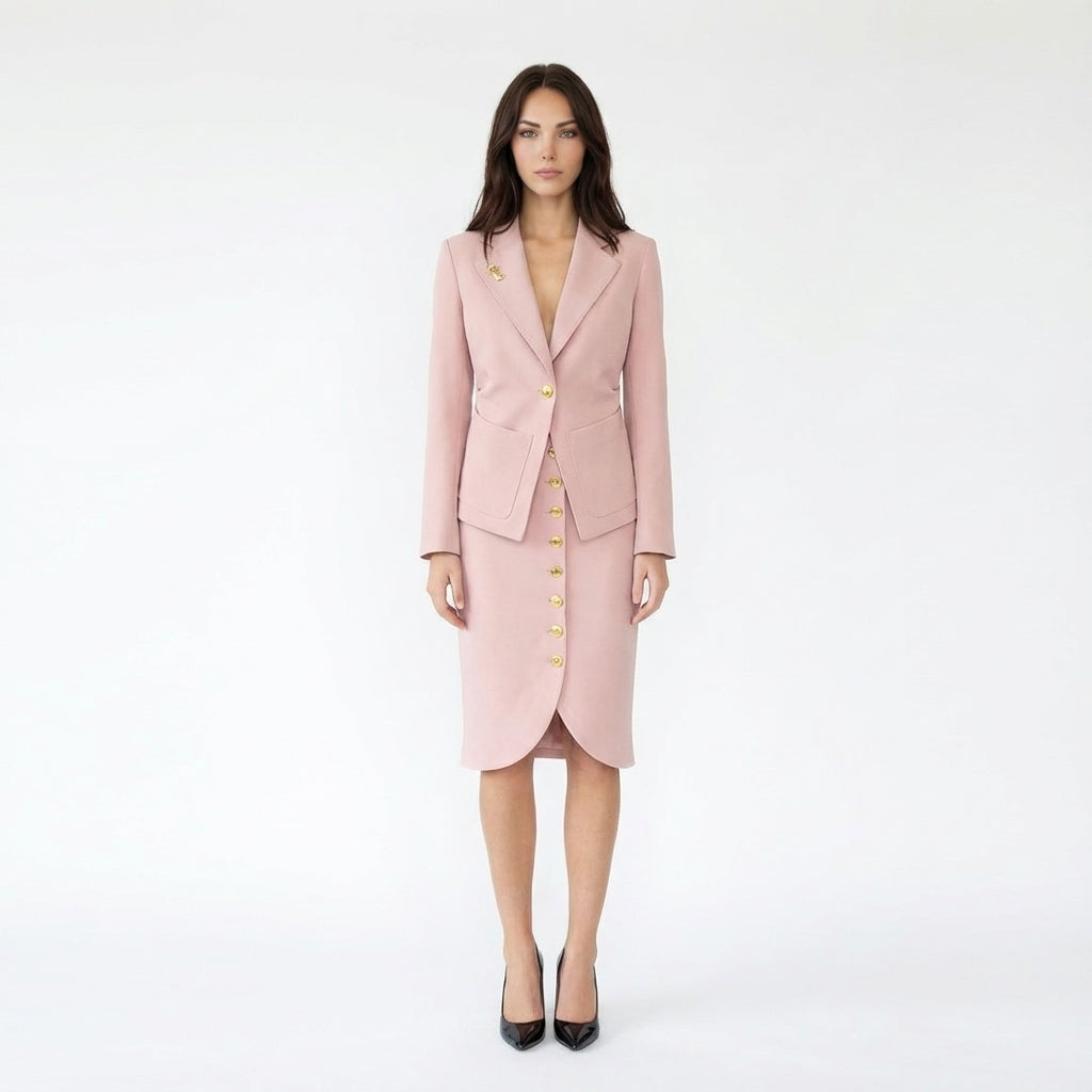 Tailored Single-Button Blazer and Button-Front Skirt Set