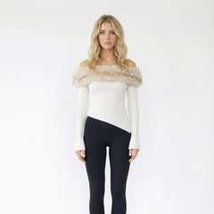 One Shoulder Faux Fur Trim Asymmetric Ribbed Top