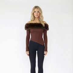 One Shoulder Faux Fur Trim Asymmetric Ribbed Top