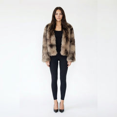 Dappled Faux Fur Collarless Crop Jacket
