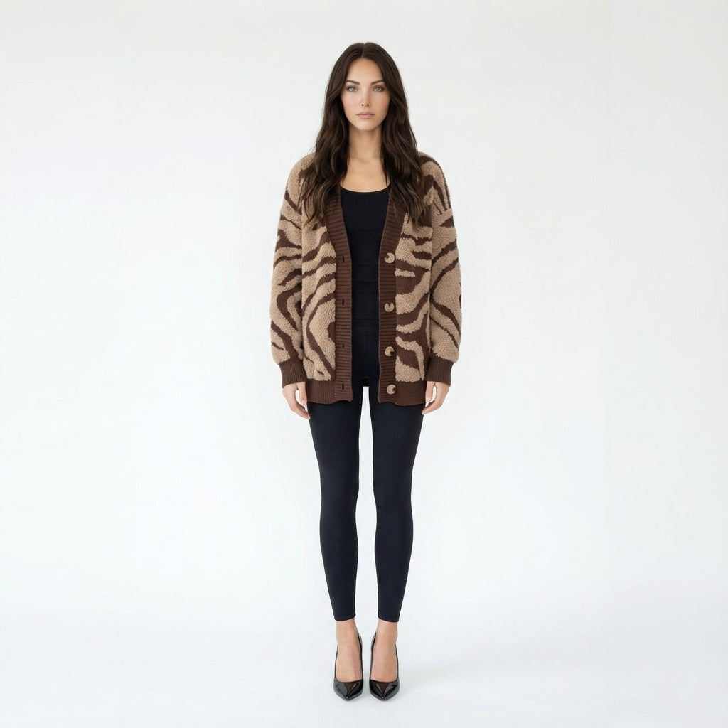 Zebra Print V-Neck Button-Front Fuzzy Cardigan