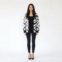 Zebra Print V-Neck Button-Front Fuzzy Cardigan