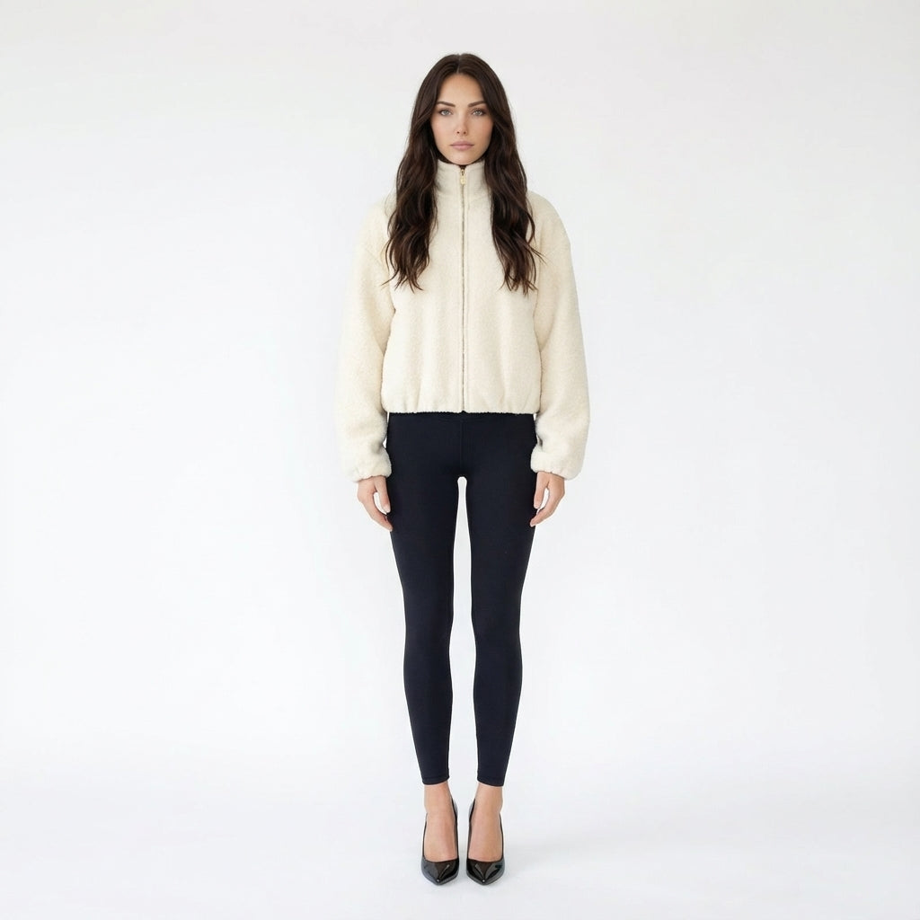 Full-Zip Mock Neck Plush Fleece Bomber Jacket