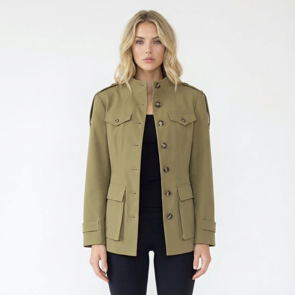 Military Style High Neck Safari Jacket with Epaulettes