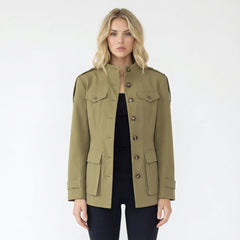 Military Style High Neck Safari Jacket with Epaulettes