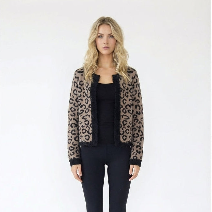 Leopard Print Open-Front Fuzzy Knit Cardigan