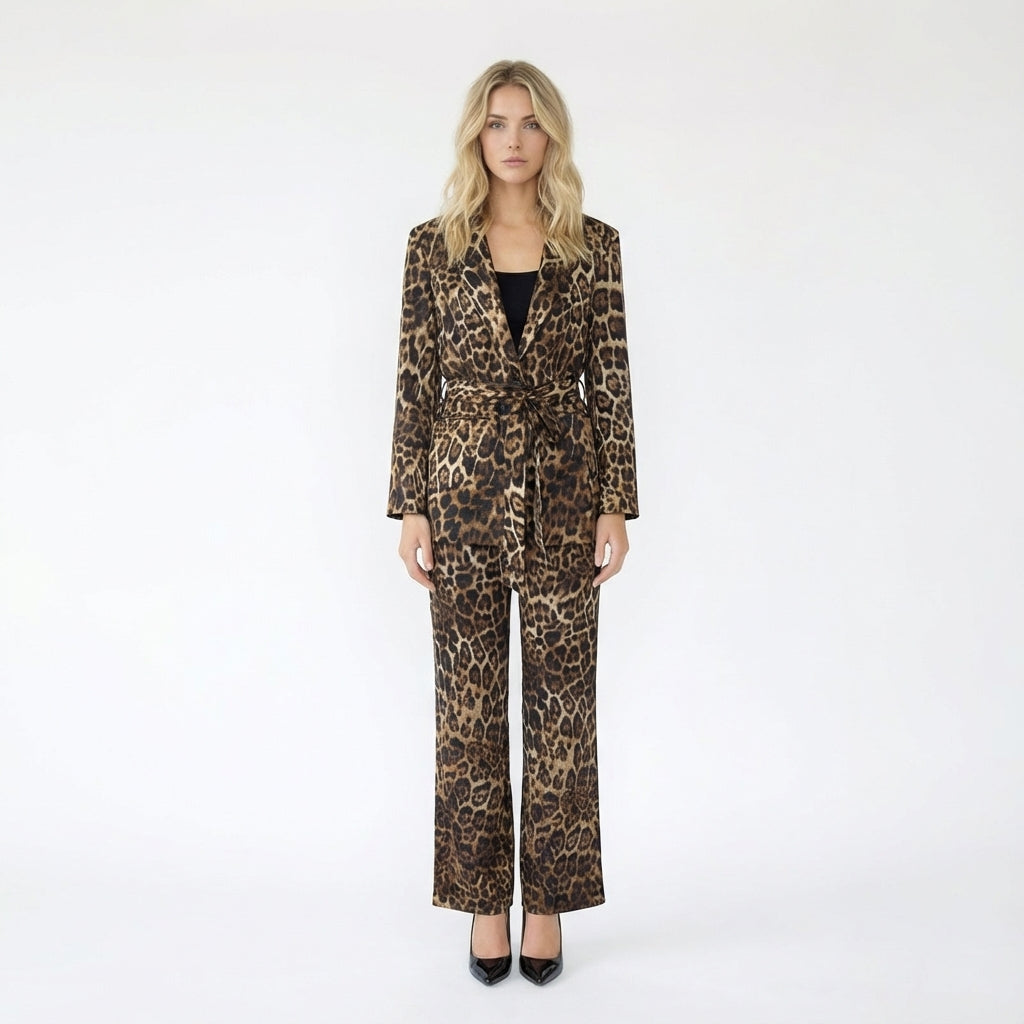 Leopard Print Belted Blazer and Wide-Leg Trousers Set