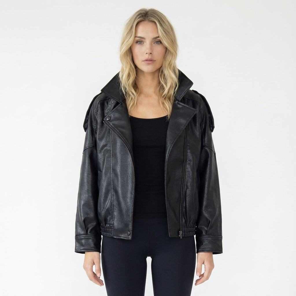 Faux Leather High-Neck Bomber Jacket with Epaulettes