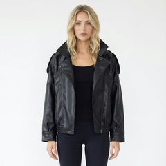 Faux Leather High-Neck Bomber Jacket with Epaulettes