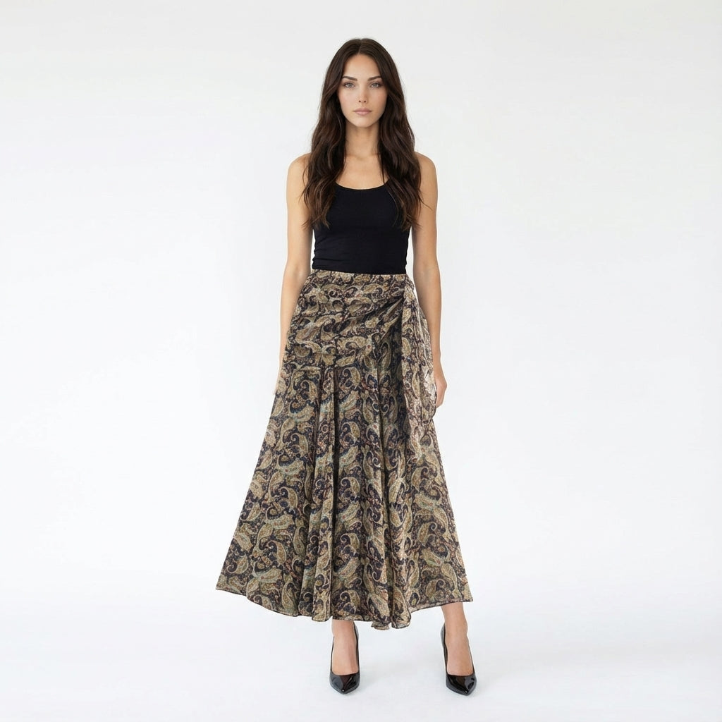 Paisley Print Ruched A-Line Midi Skirt