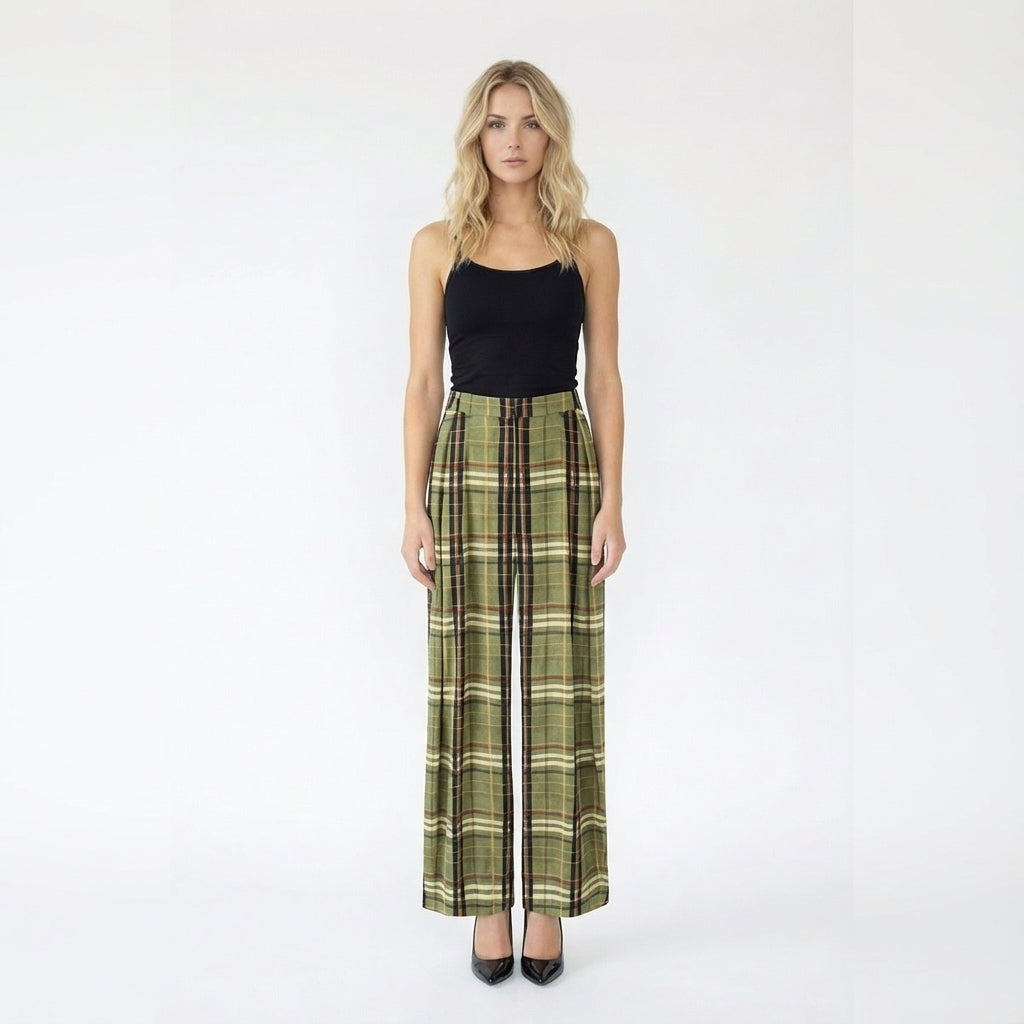 Plaid Wide Leg High Waisted Trousers