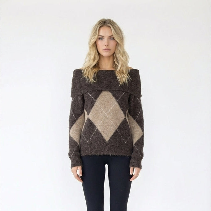 Off-the-Shoulder Argyle Knit Sweater