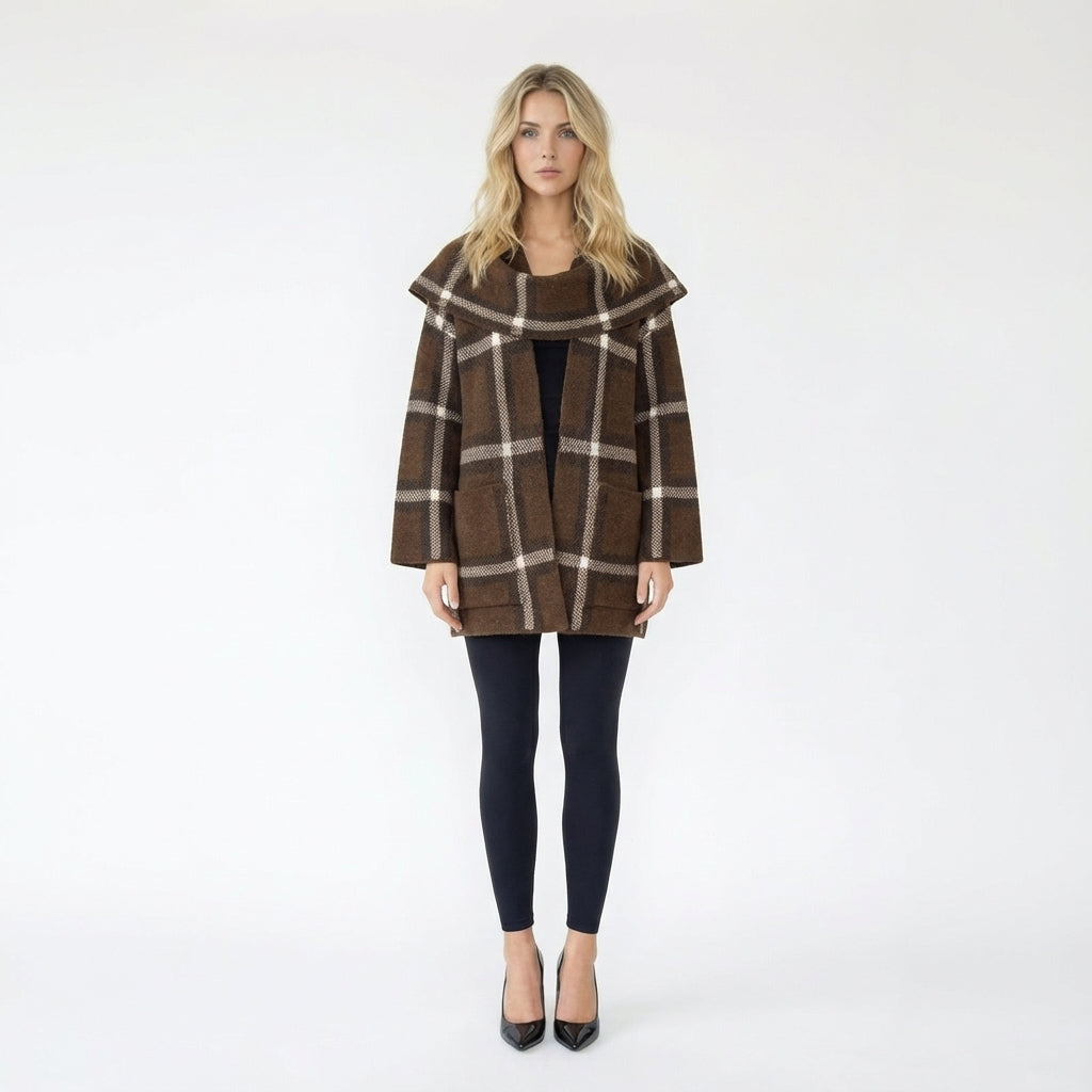 Plaid Knit Cardigan with Matching Scarf