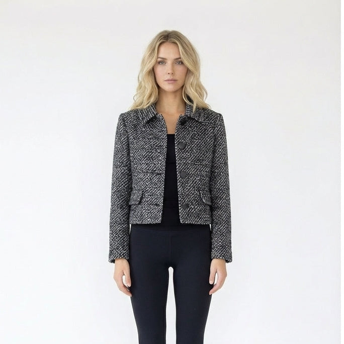 Cropped Salt-and-Pepper Tweed Button-Up Jacket