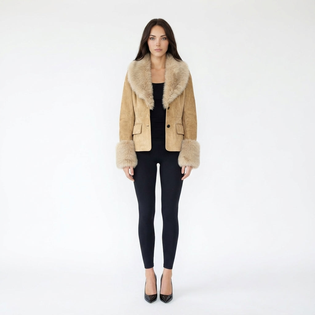 Faux Suede Jacket with Plush Faux Fur Trim