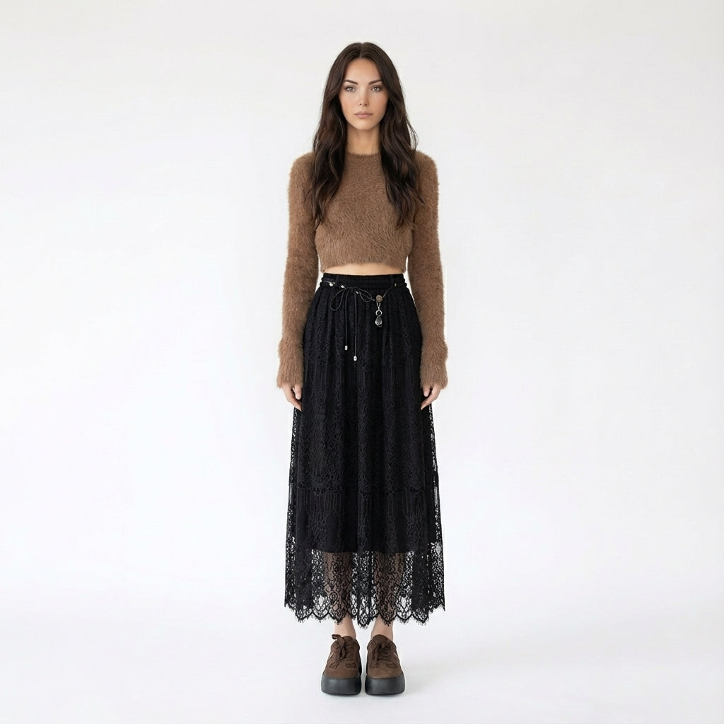 Boho-Chic Tiered Lace Maxi Skirt with Tassel Belt