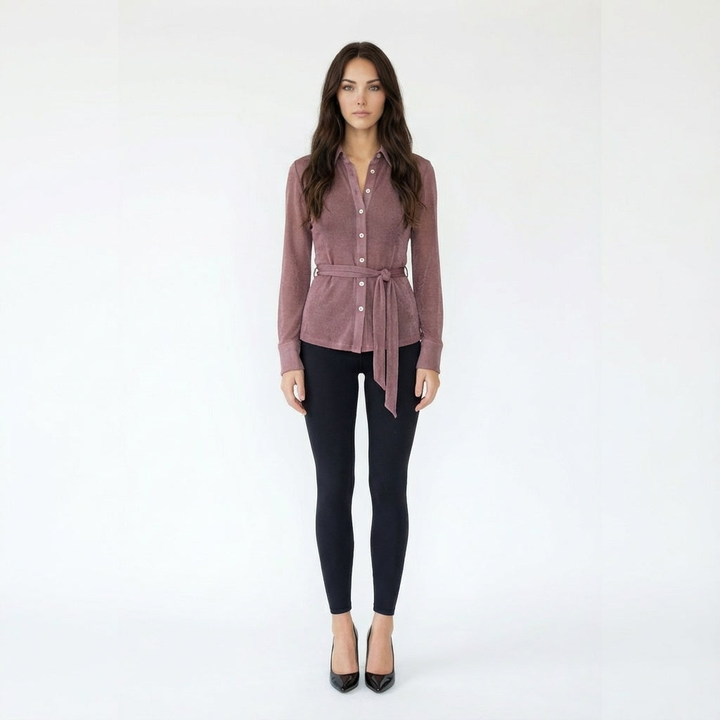 Semi-Sheer Shimmer Button-Up Shirt with Matching Skinny Scarf