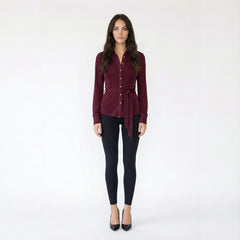 Semi-Sheer Shimmer Button-Up Shirt with Matching Skinny Scarf