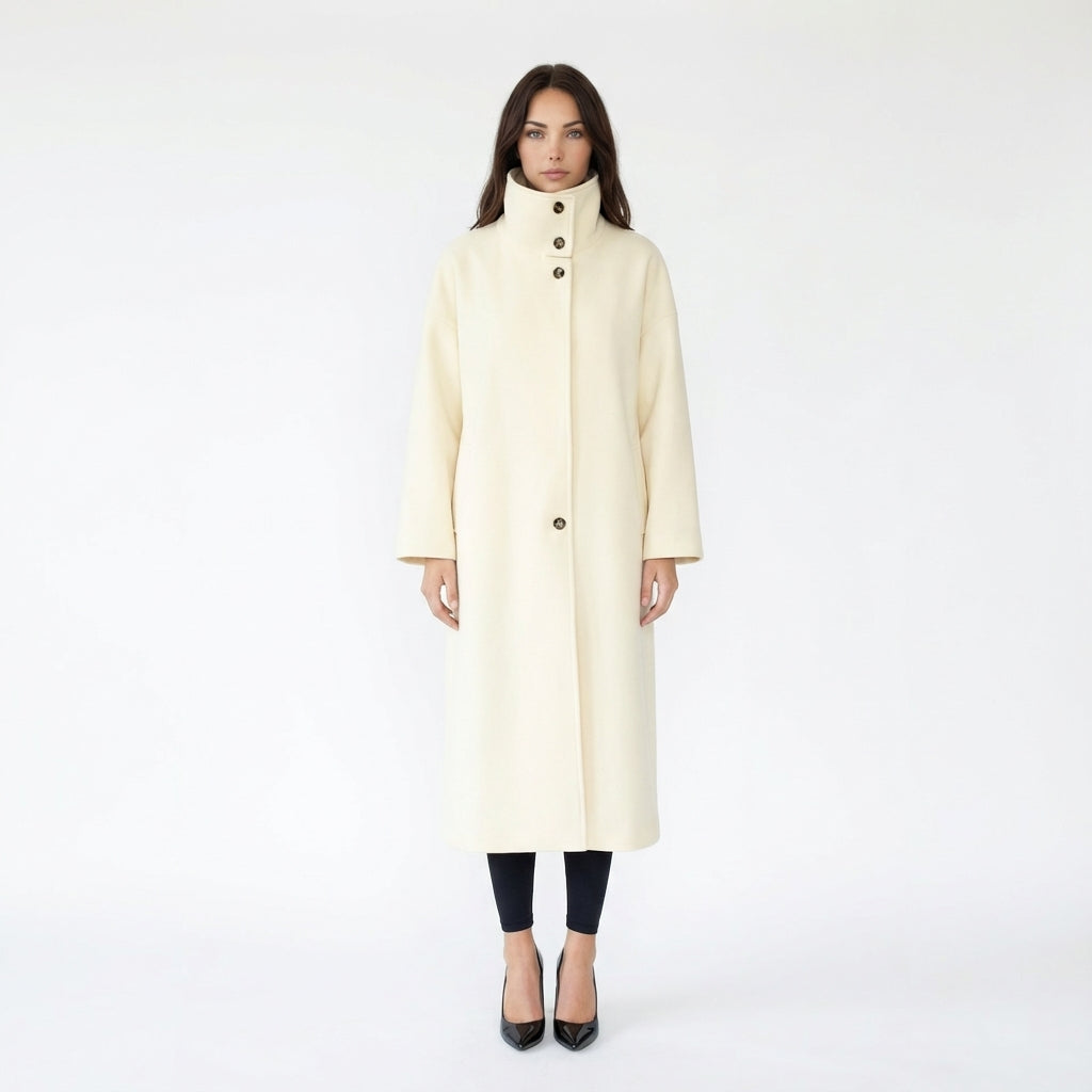 Minimalist High-Neck Wool-Blend Maxi Coat