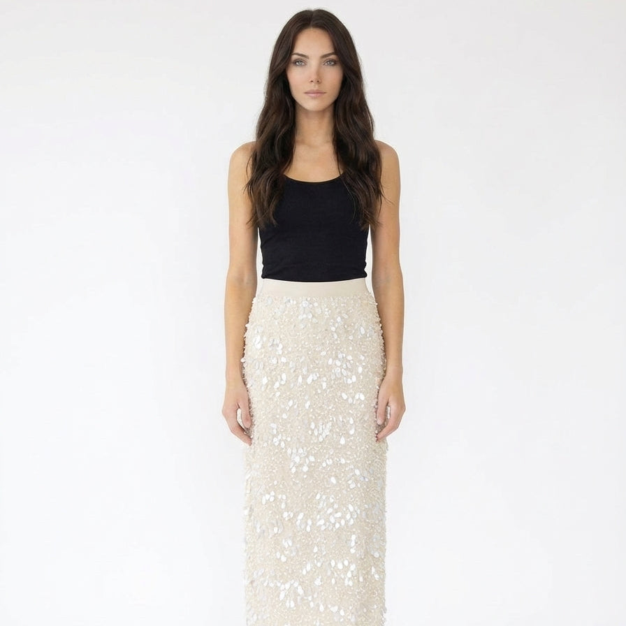 Shimmering Sequin-Embellished High-Waisted Midi Skirt
