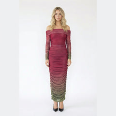 Off-the-Shoulder Ombré Ruched Mesh Maxi Dress