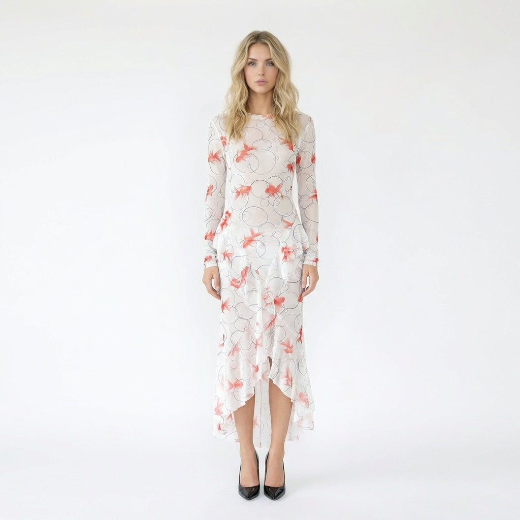 Goldfish Print Long Sleeve Ruffle Trim Maxi Dress