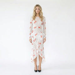 Goldfish Print Long Sleeve Ruffle Trim Maxi Dress