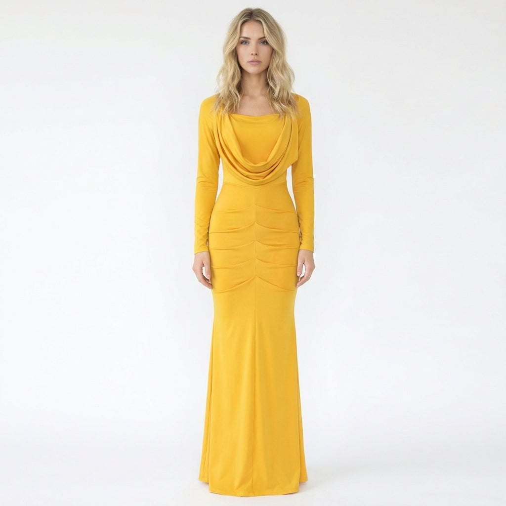Drape Neck Ruched Long Sleeve Bodycon Maxi Dress