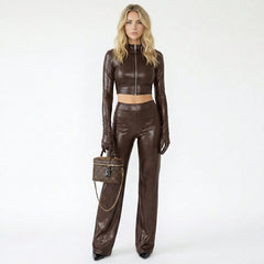 Zip-Up Crop Top and Wide Leg Pant Set