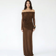 Off-the-Shoulder Ruched Mesh Maxi Dress