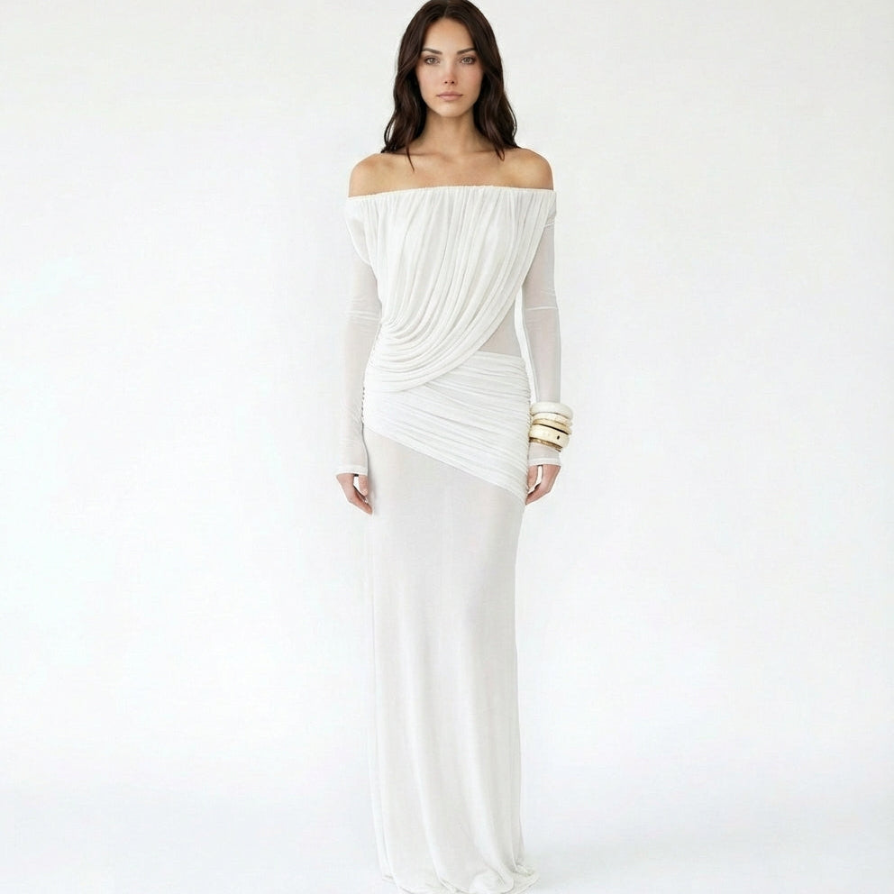 Off-the-Shoulder Ruched Mesh Maxi Dress