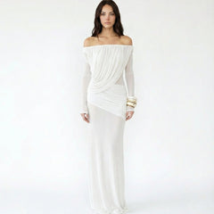 Off-the-Shoulder Ruched Mesh Maxi Dress