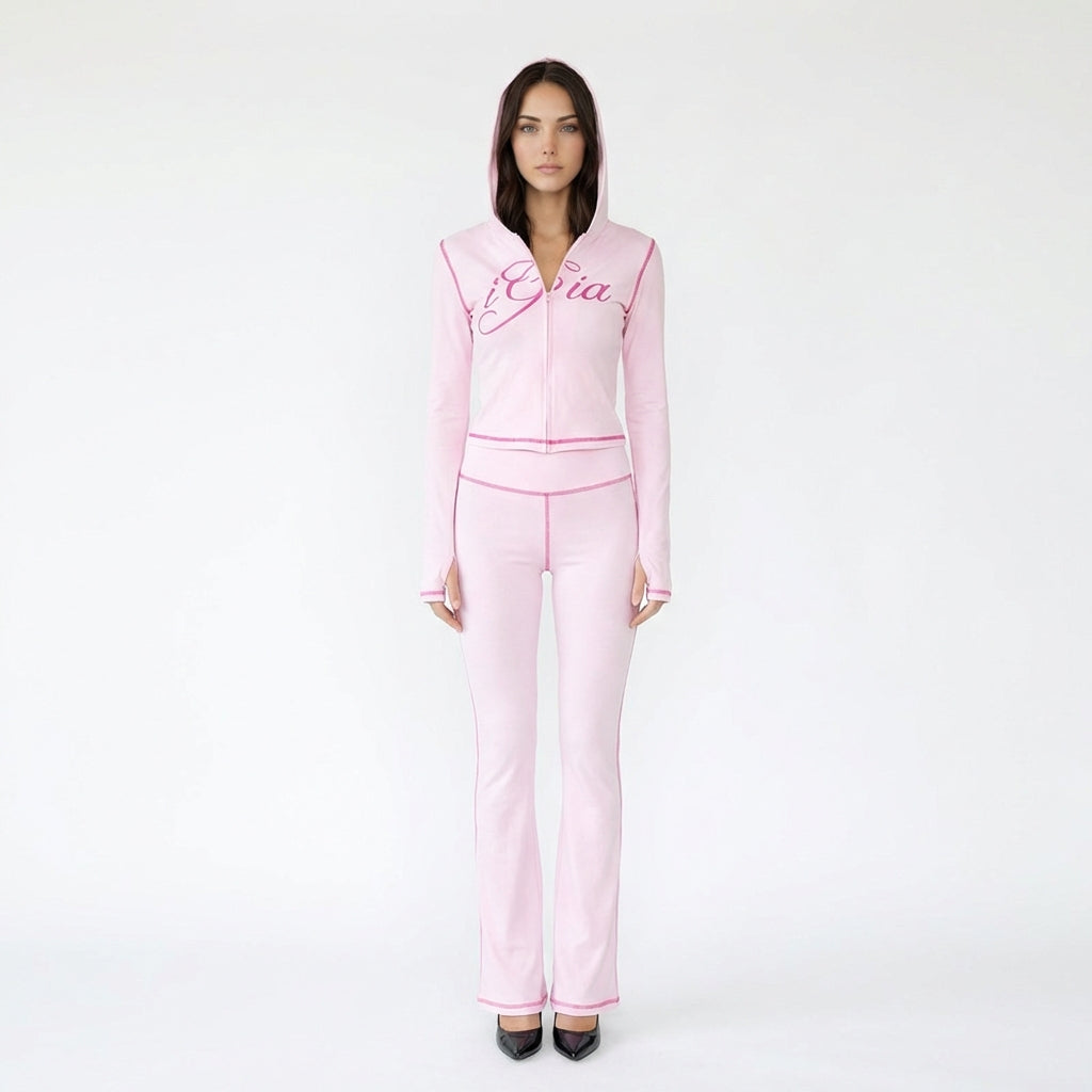 Hooded Zip-Up Top and Flared Pant Set