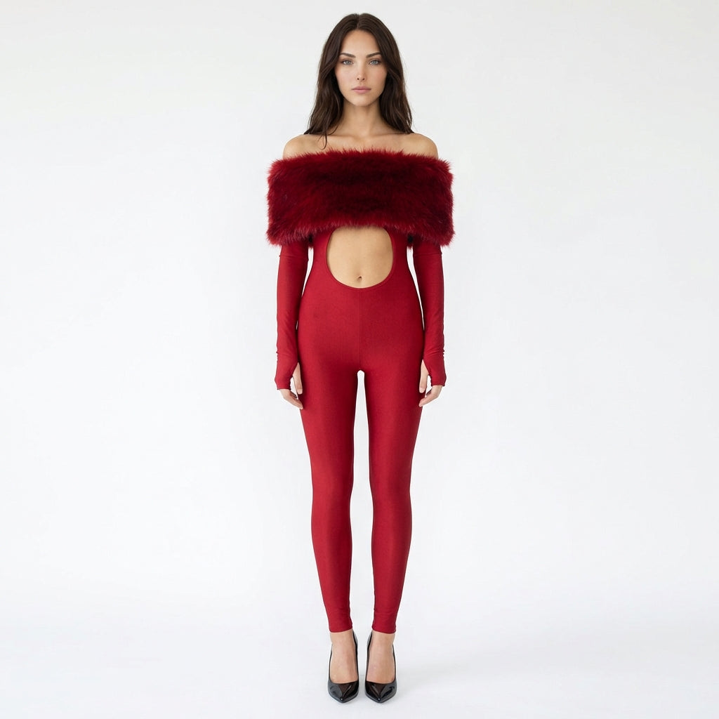 Off-the-Shoulder Faux Fur Trim Cutout Jumpsuit