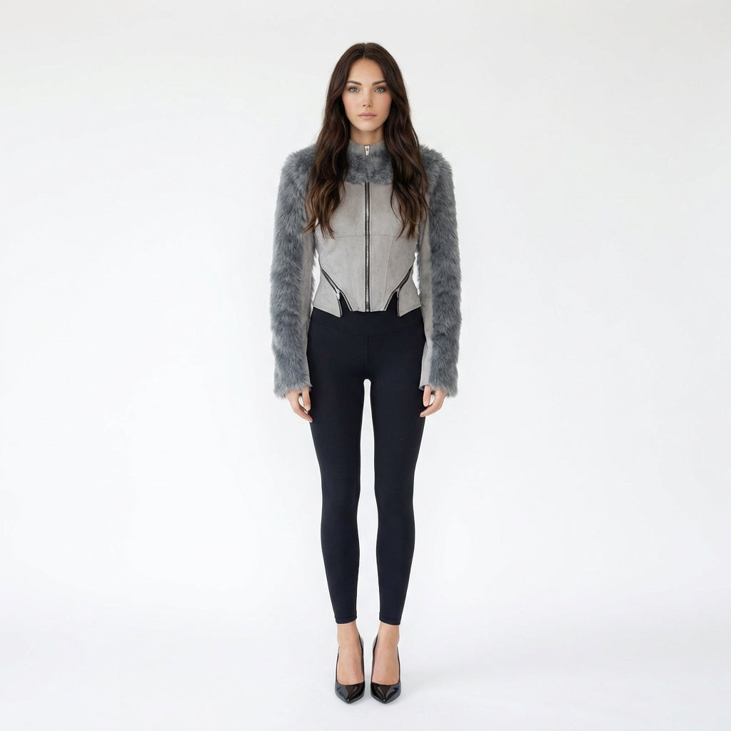 Faux Fur Trim Zip-Up Jacket with Corset Detail