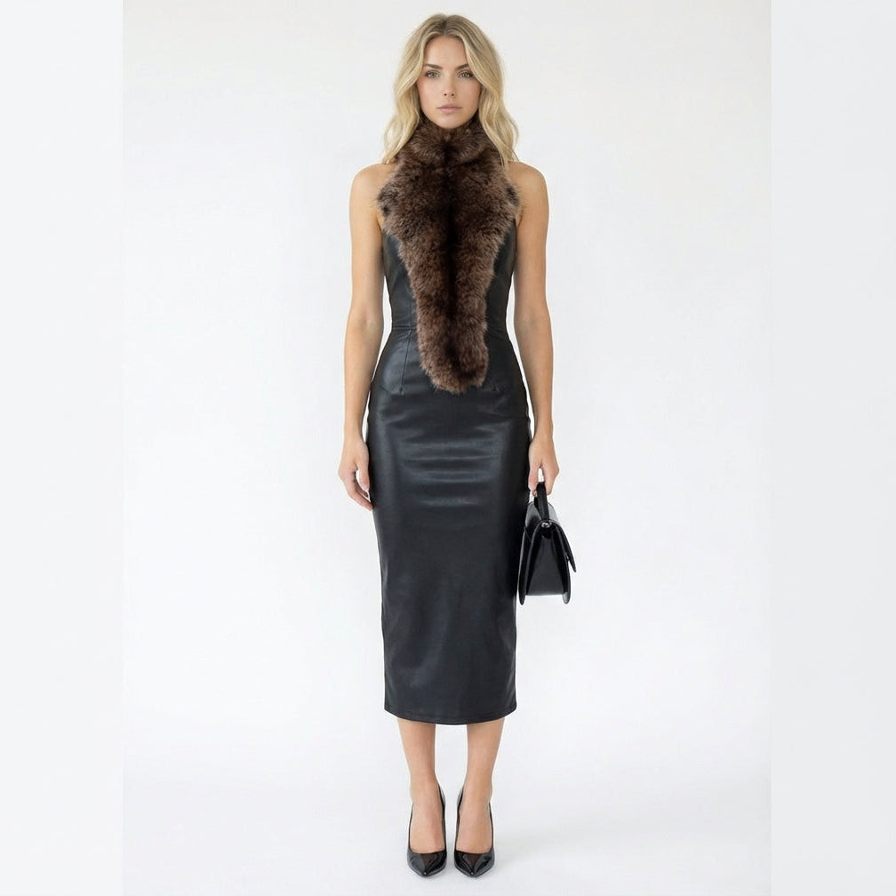 Halter-Neck Faux Leather Midi Dress with Faux Fur Trim