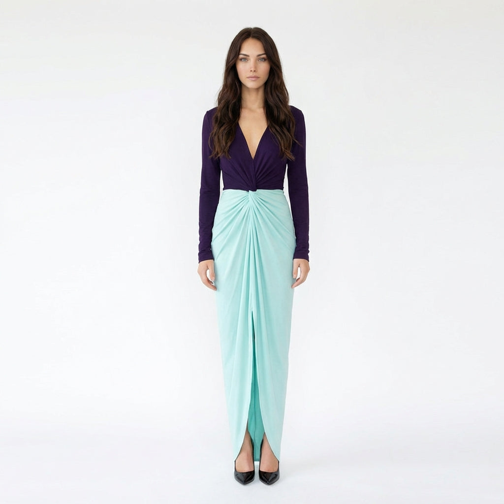 Long Sleeve Twisted Waist Two-Tone Maxi Dress