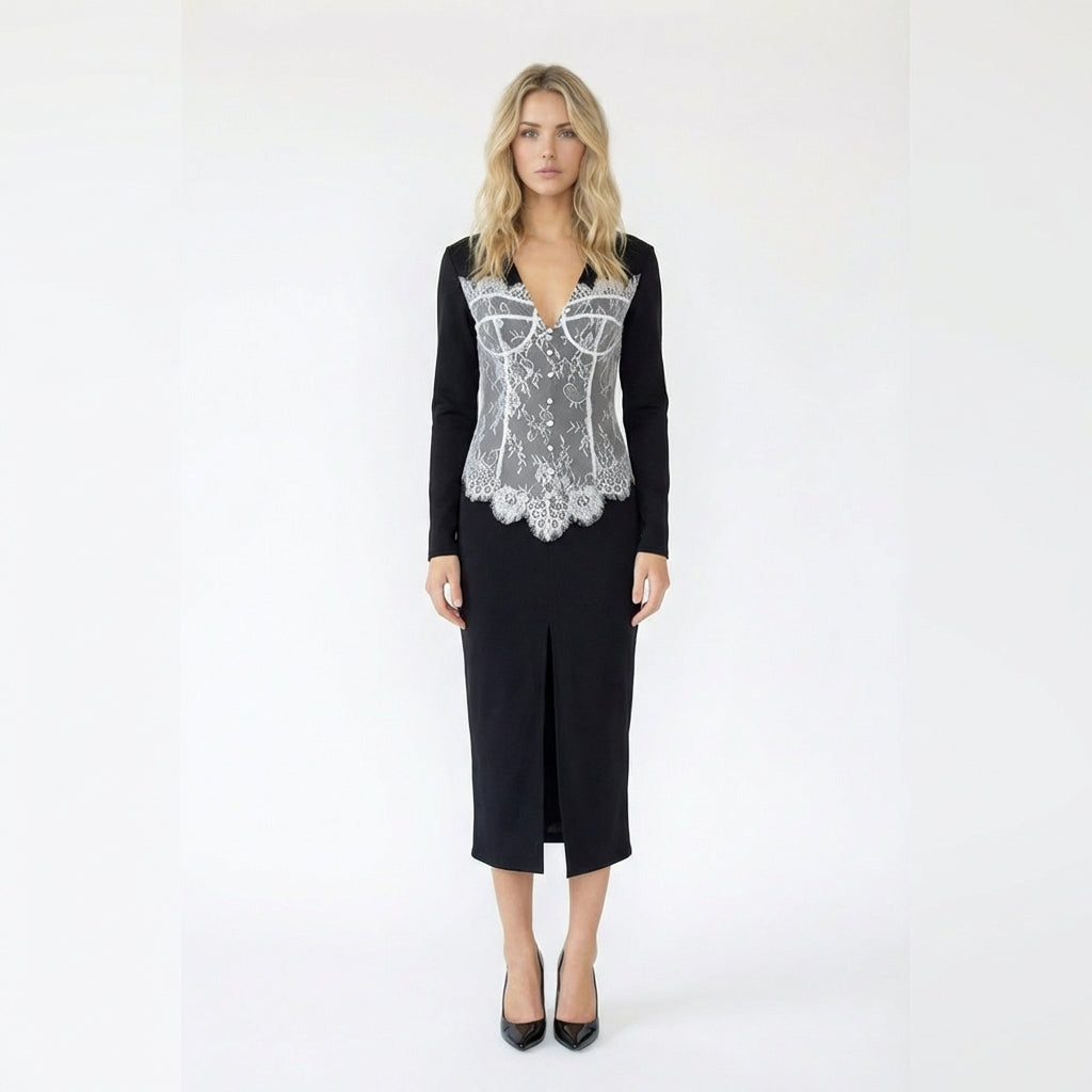 V-Neck Long Sleeve Lace Bodice Midi Dress