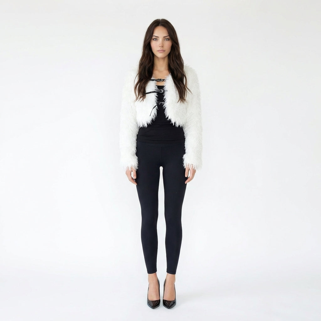 Shaggy Faux Fur Buckle-Front Bolero Jacket