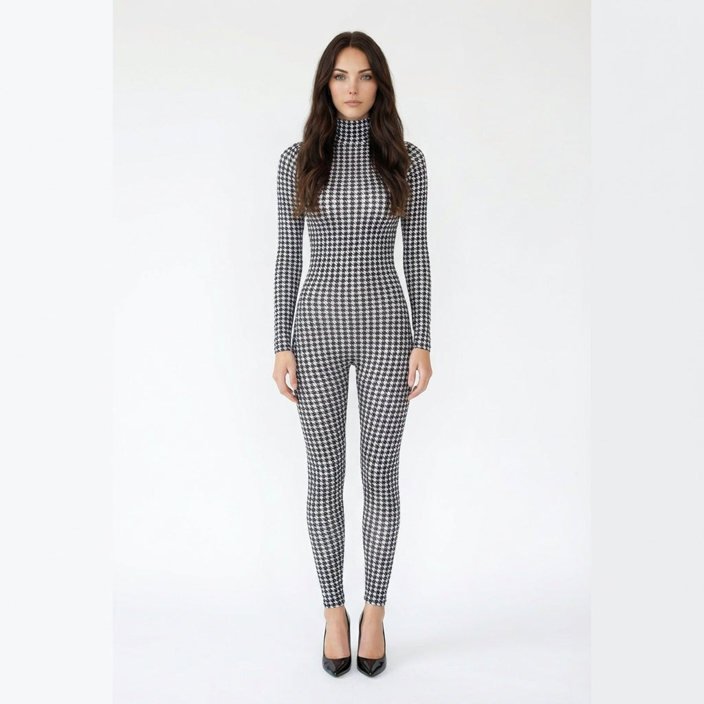 Houndstooth Print Mock-Neck Bodycon Jumpsuit