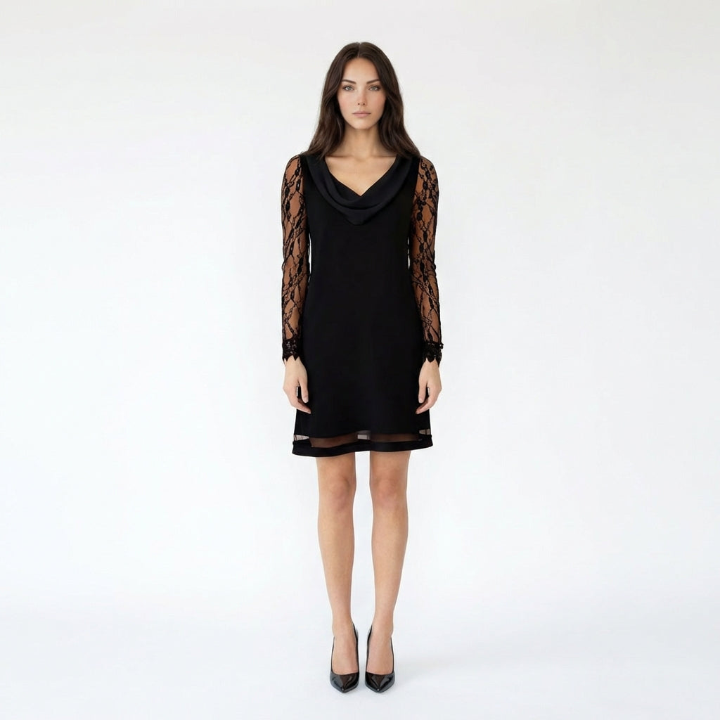 Cowl Neck Mini Dress with Sheer Lace Sleeves