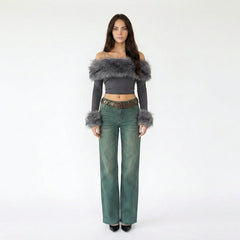 Off-the-Shoulder Faux Fur Trim Mesh Crop Top