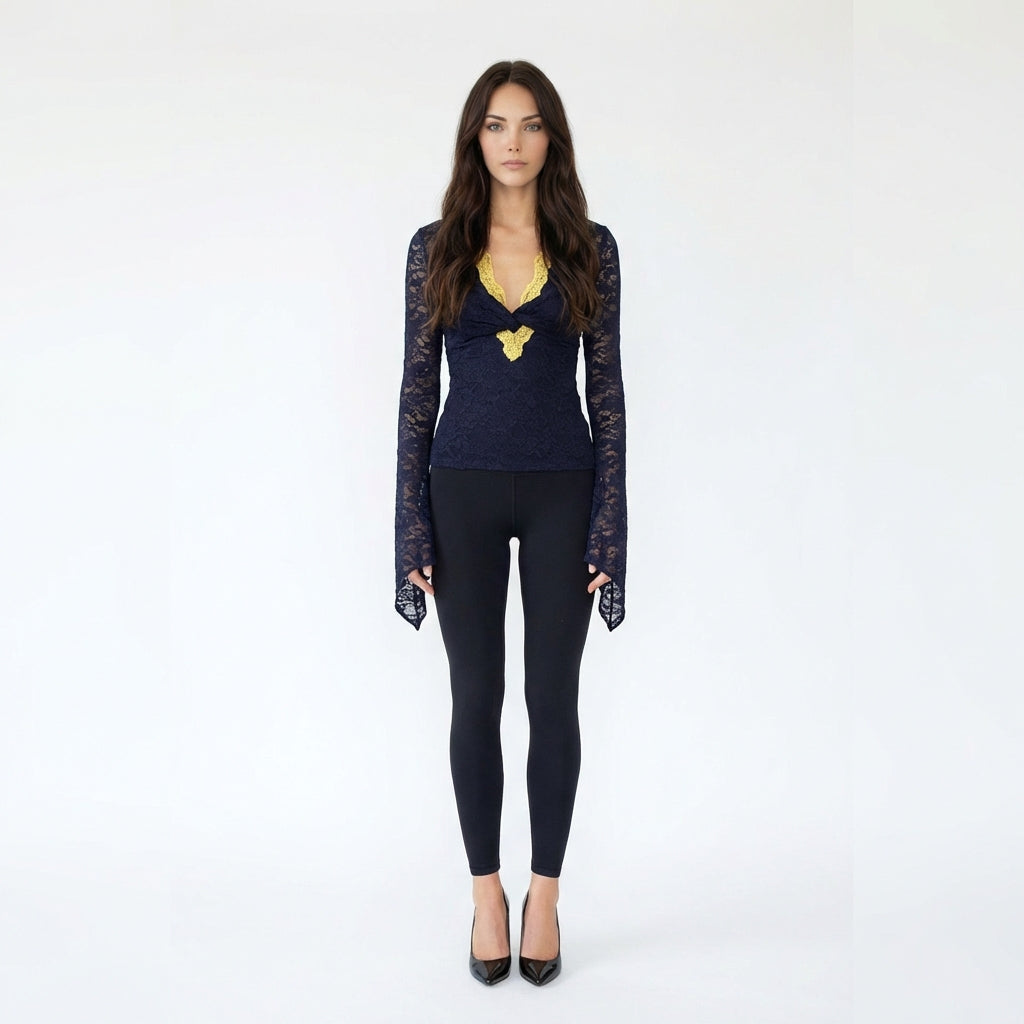 Contrast Lace V-Neck Twisted Long Sleeve Top