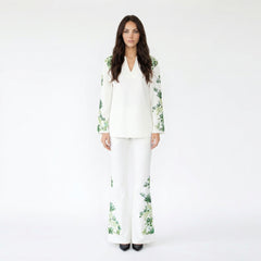 Floral Embroidered V-Neck Top and Flare Pant Set