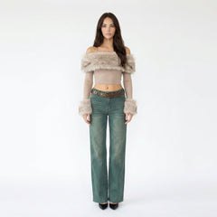 Off-the-Shoulder Faux Fur Trim Mesh Crop Top