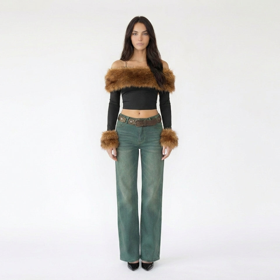 Off-the-Shoulder Faux Fur Trim Mesh Crop Top