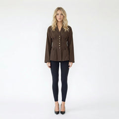 V-Neck Cinched Waist Button-Up Blouse