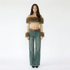 Off-the-Shoulder Faux Fur Trim Mesh Crop Top