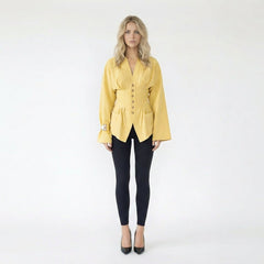 V-Neck Cinched Waist Button-Up Blouse