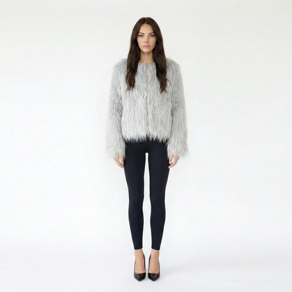 Collarless Shaggy Faux Fur Jacket